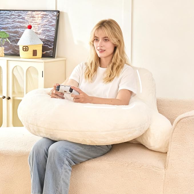 17" Reading Pillow for Bed,U Shaped Arm & Elbow Support,White Faux Fur | Backrest Supports Back,U Shaped Lap Pillow Cushions Arms,Elbows & Wrists,Plush Faux Fur for Reading,Gaming,Watching TV