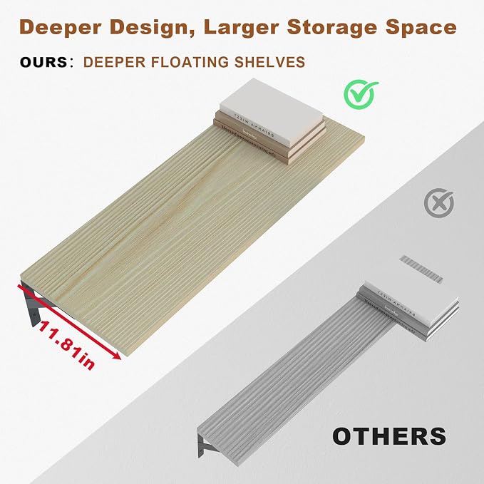 Large Wall Shelves, 31.5" W x 12" D Long Floating Shelves Set of 2, Wide Display Wood Shelf Wall Mounted with Heavy-Duty Metal Brackets for Bedroom Books, Living Room, Kitchen, Natural Wood