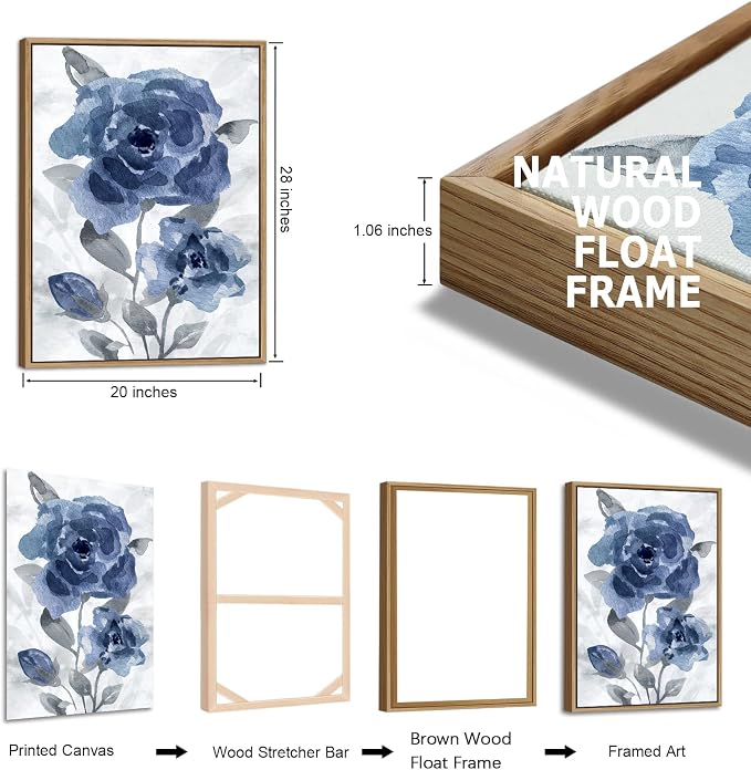 Large Framed Canvas Wall Art - Natural Float Framed Modern Indigo Flowers Pictures Decor Dark Blue Floral Grey Leaves Artwork for Bedroom Living Room Kitchen Home Office Decoration 60" X 28" Set of 3