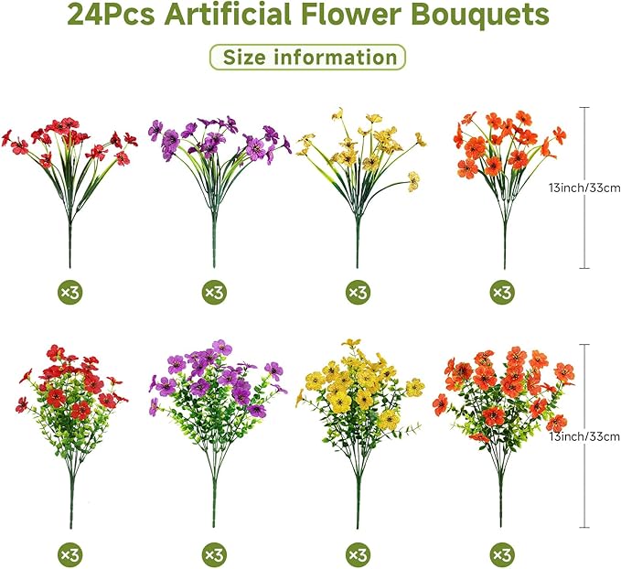 Alupssuc 24 Bundles Artificial Flowers for Outdoors Decoration, UV Resistant Silk Faux Floral Spring Summer Fake Plastic Plants Greenery for Outside Indoor Home Porch Window Box Decor, Mix 4 Colors