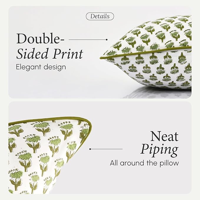 CPC 100% Cotton Throw Pillow Covers 24x24 Inch, Set of 2 Green Block Print Pattern Couch Pillow, Cute Boho Decorative Pillows for Living Room, Bedroom with Hidden Zipper- Emerald Green