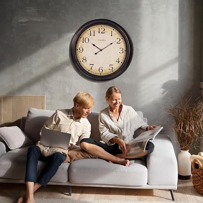 Crosstime 24 Inch Wall Clock Battery Operated Silent Round Vintage Large Wall Clocks for Living Room Farmhouse Decor, Black-Brown