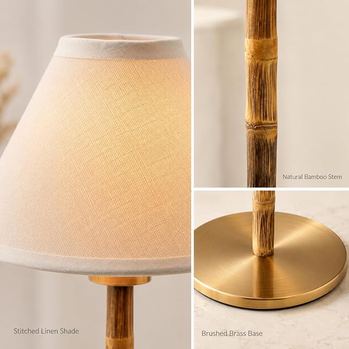 Bamboo Cordless LED Table Lamp – Rechargeable 24-Hour Battery, Dimmable Warm Light, 15" Portable Wireless Lamp with Remote for Indoor/Outdoor Use, Home, Patio, Restaurant – Coastal White