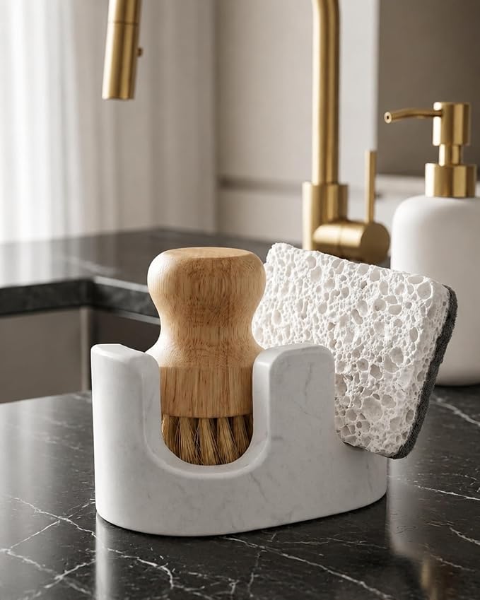 White Marble Sponge Holder for Kitchen Sink, Dual Slot Stone Caddy,Carrara White | 2-in-1 Natural Stone Sponge & Brush Holder, Raised Edge Helps Catch Water, Keeps Countertops Dry , Keeps Countertop Dry