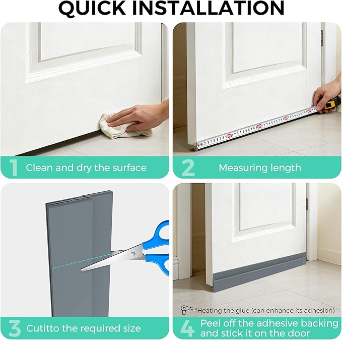Hojoy 2 Pack Under Door Draft Stopper, Adjustable Door Sweep Anti-Collision Strong Adhesive Weather Stripping Tape Soundproof Draught Stoppers 2" W x 39" L, Gray