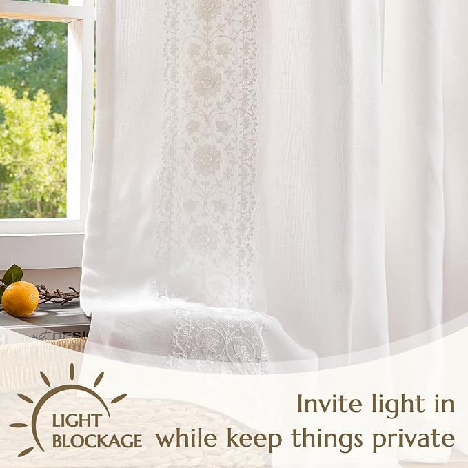 jinchan Weslie White Linen Curtains for Living Room Vintage Floral Farmhouse Curtains 108 Inches Long Boho Lined Linen Drapes for Bedroom Embroidered Extra Long Drapes Off White 2 Panels