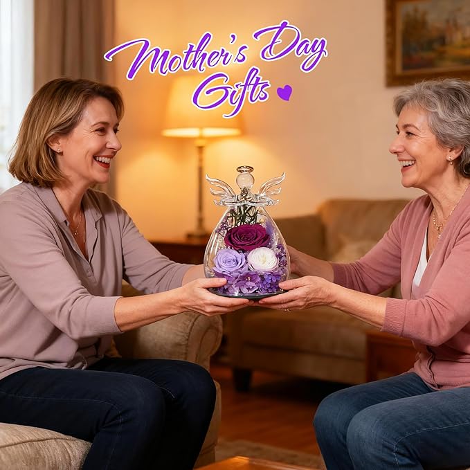 Gifts for Women Preserved Rose Forever Flower Eternal Roses in Glass Angel Figurines Fresh Flowers for Delivery Prime Mothers Day Birthday Gift for Mom Her Wife Grandma on Valentines Day Anniversary