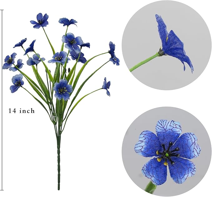 LikSoor 21 Bundles Artificial Outdoor UV Resistant Flowers No Fade Fake Outside Flowers Plastic Greenery Faux Shrubs Garden Porch Window Box Home Decoration(Blue)