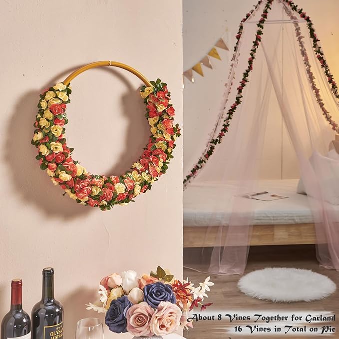 PONKING 6 Pcs x 8.2 ft Flower Garland Artificial Rose Vine Flowers with Green Leaves Hanging Fake Roses Vine for Room Party Home Wedding Birthday Christmas Wall Arch Decor, Champagne Flower