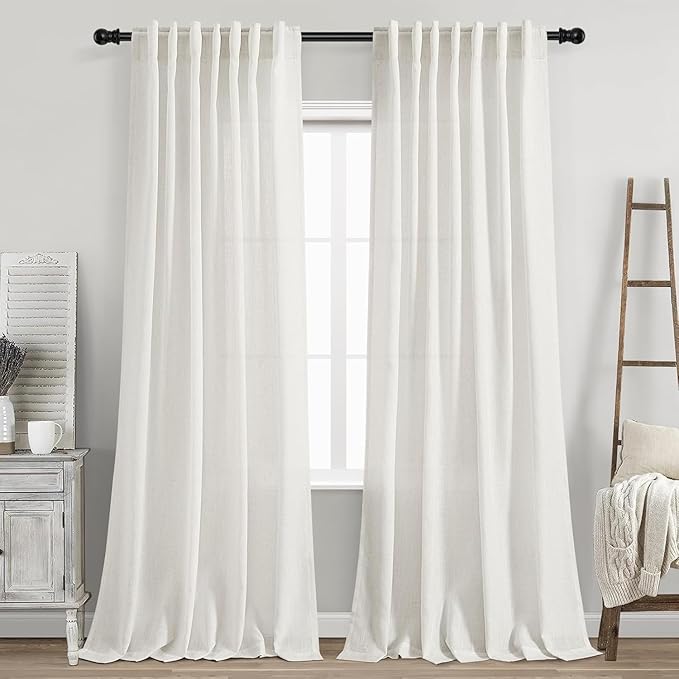 Nanspring Beige White Linen Curtains for Living Room 86 Inches Long Back Tab and Rod Pocket Light Filtering Semi Sheer Curtain Rustic Farmhouse Decor Luxury Drapes for Bedroom Office 52x86, 2 Panels