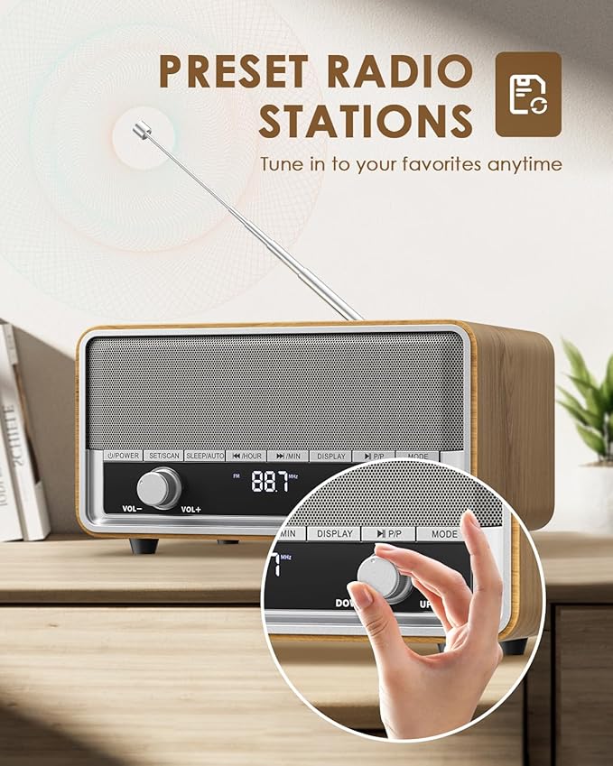 Vintage Wood AM FM Bluetooth Radio with Clock, Digital Clock Radio for Bedroom with LCD Display | 40 Presets | Sleep Timer | No Alarm, Retro Bluetooth Speaker for Office, Kitchen (Light Walnut)