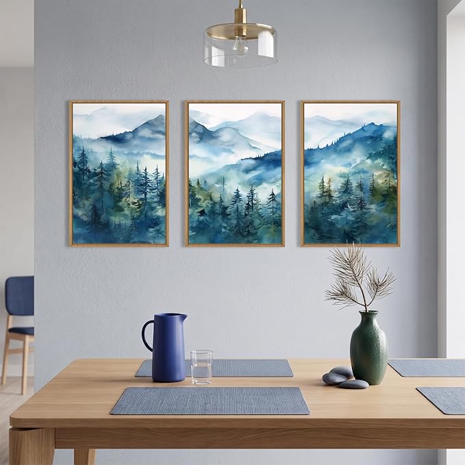 Blue Ridge Mountains Forest Framed Canvas Wall Art Set,Natural Landscape Wall Decor,Green Pine Trees Wall Painting,Abstract Woodland Artwork for Living Room,Bedroom,Office-24 x36 x3