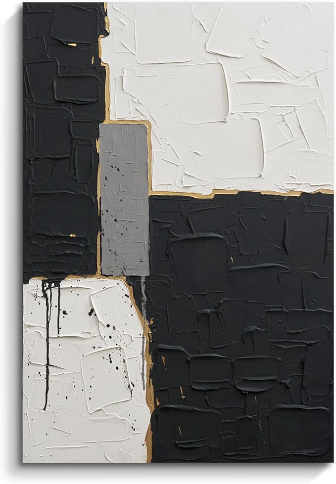Minimalist Abstract Black & White Geometric Canvas Wall Art for Living Room | Modern Hand-Painted Textured Oil Painting Artwork for Bedroom Hallway, Large Original Wall Decor for Home Decor Gifts 24x36"