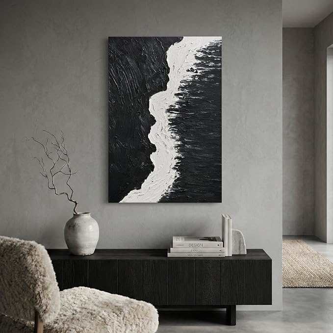 Modern Black &White Abstract Canvas Wall Art,Large 3D Textured Oil Painting | Hand-Painted Vertical Ocean Waves Artwork for Living Room Bedroom Office, Minimalist Contemporary Wall Decor, 24x36 In