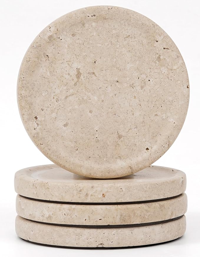 Travertine Marble Coasters Set of 4 for Drinks 4 Inches Round Drink Coaster for Kitchen Countertop, Modern Home Decor and Perfect for Gifting