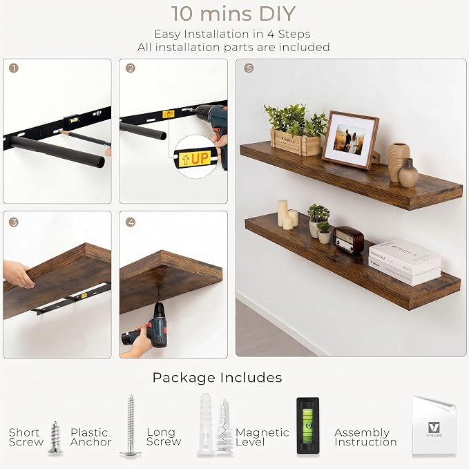 Vivelove Wall Floating Shelves for Display with Invisible Brackets,16 Inch Floating Shelf for Bathroom Bedroom Living Room Kitchen, 16" X 8" X 1.4", Set of 2 - Rustic Brown