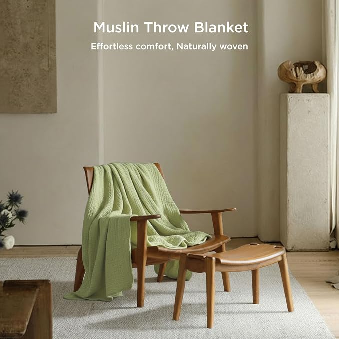Threadmill Muslin Throw Blanket | 4 Layer 100% Cotton Gauze | Lightweight, Breathable, and Soft All Season Blanket | 50 x 65 Cozy Throw for Sofa, Couch & Bed | Sage Green