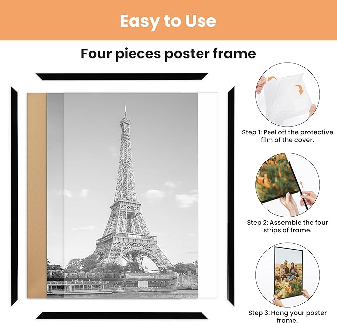 upsimples 24x36 Poster Frame Black 3 Pack, Scratch-Proof Picture Frames 24 x 36 for Photo Gallery - Slide-In Strips, Horizontal or Vertical Wall Mounting