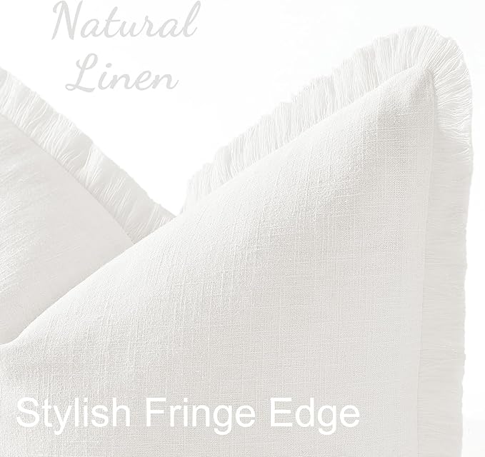 decorUhome Summer Decorative Neutral Linen Fringe Euro Sham Throw Pillow Covers Set of 2 Cream White Pillow Covers with Tassels Soft Farmhouse Boho Accent Pillow Cases for Couch Bed Sofa 24x24 Inch