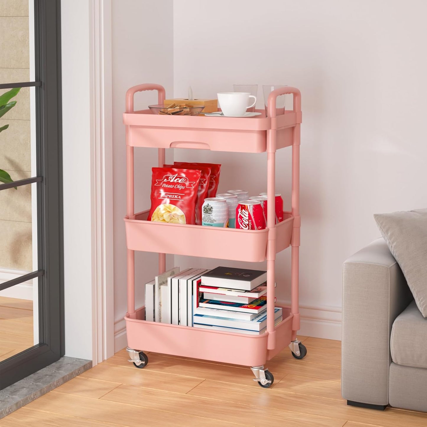 Calmootey 3-Tier Rolling Utility Cart with Drawer,Multifunctional Storage Organizer with Plastic Shelf & Metal Wheel,Storage Cart for Kitchen,Bathroom,Living Room,Office,Pink