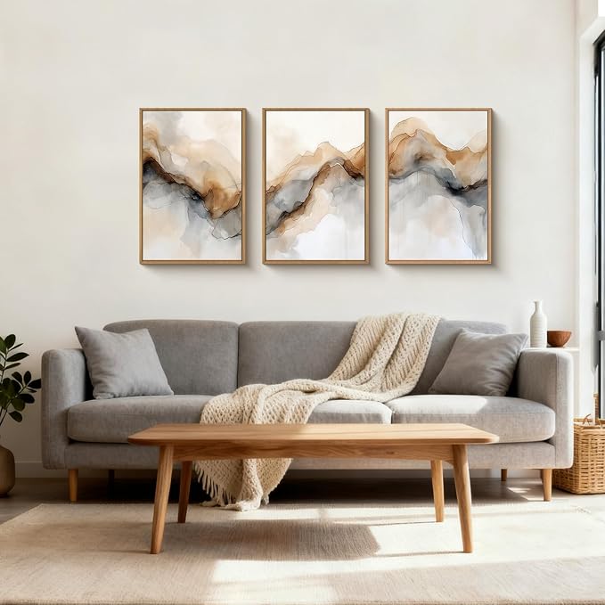 Abstract Neutral Framed Canvas Wall Art Set, Retro Watercolor Landscape Wall Decor, Modern Texture Art Prints, Minimalist Nature Wall Painting for Living Room, Bedroom, Office 16×24inches