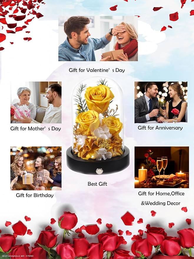 Preserved Flowers in Glass Dome with LED, Forever Yellow Roses for Delivery, Valentines Day Anniversary Birthday Mothers Day Flower Gifts for Mom Her Women Wife Mother