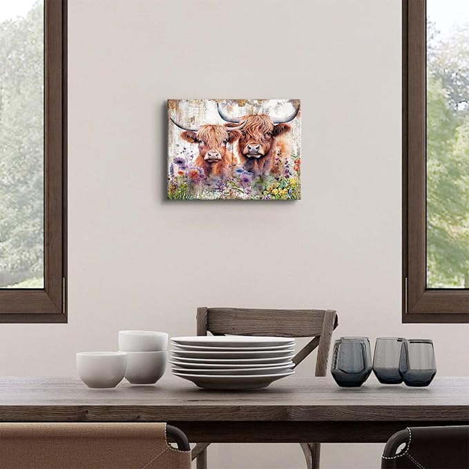 Farmhouse Highland Cow Wall Art Rustic Cow Floral Pictures Wall Decor Western Country Cattle Canvas Print Bathroom Painting Watercolor Animal Wildflower Artwork Kitchen Living Room Nursery Home