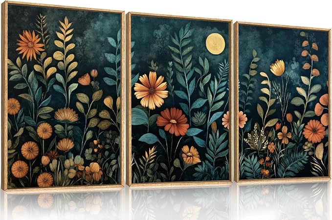 Vintage Dark Botanical Framed Canvas Wall Art Set,Colorful Floral Wall Decor,Moody Blue Wildflower Wall Painting,Nature Blossom Flower Art Prints for Living Room,Bedroom,Office-24 X36 X3