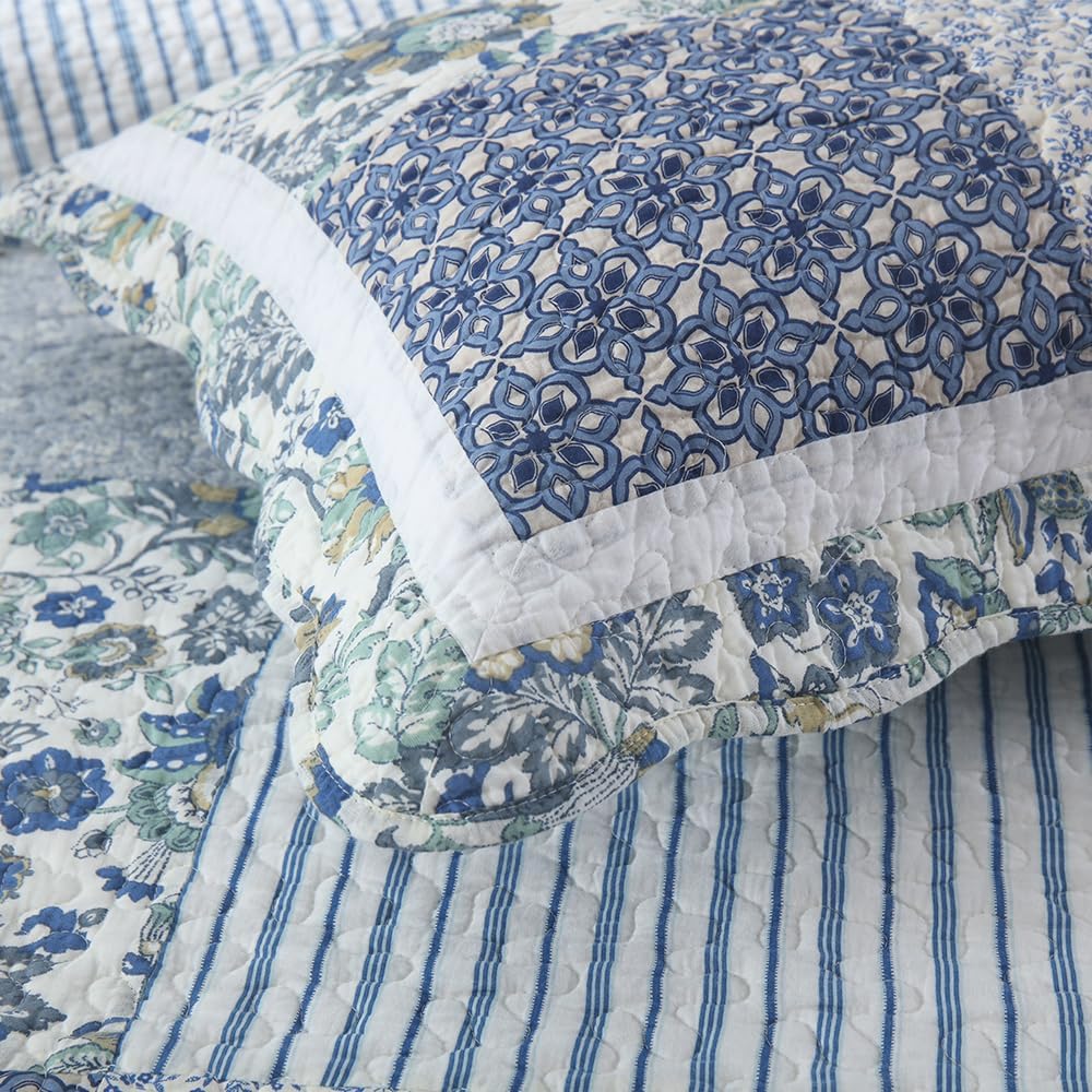 Cotton Bedspread Quilt Bedding Sets 3 Pieces Reversible Coverlet Sets Comforters Vintage Floral Patchwork Blue Bedspread (Blue Vintage Floral, Queen Size)