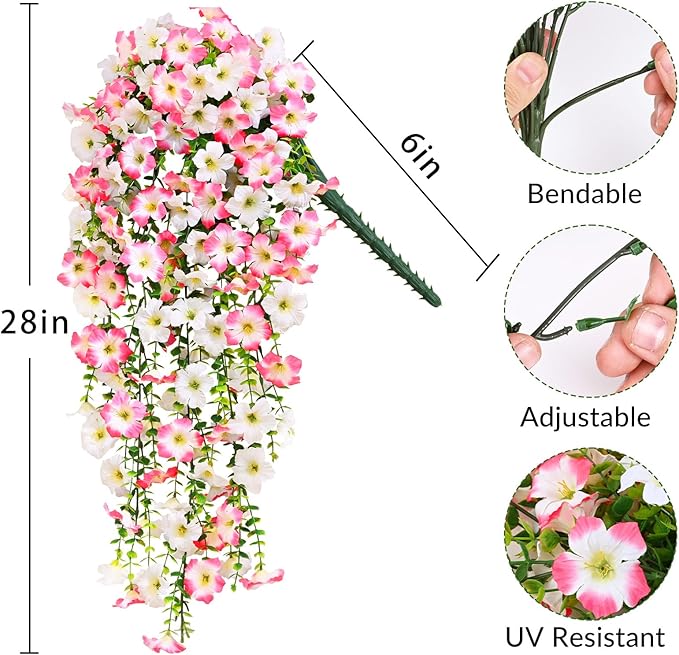 Waipfaru Artificial Petunias Flowers for Outdoors, 2 Pcs UV Resistant Fake Hanging Plants Spring Outside Decor, Faux Silk Flowers Long Trailing Vines for Outdoor Planters Porch Garden (Pink White)
