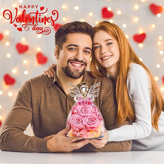 Beferr Mothers Day Mom Birthday Gifts for Women, Fresh Flowers for Delivery Forever Preserved Rose in Glass Angel Figurine, Anniversary Christian Real Rose for Grandma Nana Wife Mum from Daughter Son