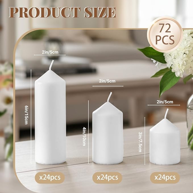 72 Pcs White Pillar Candles Bulk Set | Unscented Dripless Smokeless Wax Candles | 3 Assorted Sizes: 2x3, 2x4, 2x6 for Weddings, Hurricane Vases, and Centerpieces