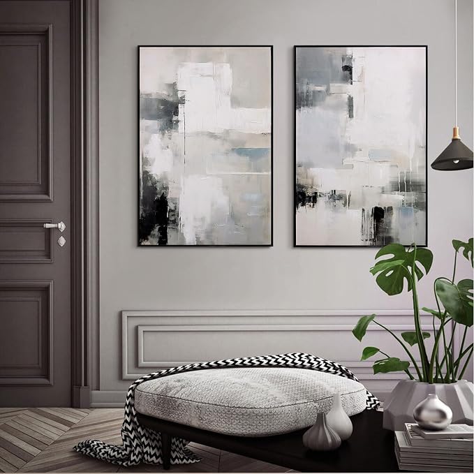 SAFERRYHOME Abstract Wall Art Modern Grey Black Framed Large Canvas Paintings for Living Room Bedroom Office Decor,Ready to Hang, 24x36 Inches, Set of 2