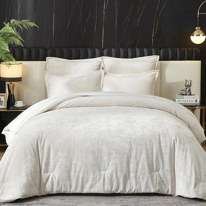 Ivellow Crushed Velvet Comforter Set Queen Ivory Comforter Set 5pcs Ultra Soft Lightweight Breathable Bedding Set Luxury Cozy Flannel Comforter Queen Size (1 Comforter,2 Pillow Shams, 2 Euro Shams