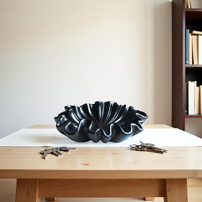 12" Large Decorative Bowl decor - Scalloped Decorative Bowls for Home Decor - Organic Fluted Modern Home Decor,Ruffle Decor key bowl,bowl for keys,Black