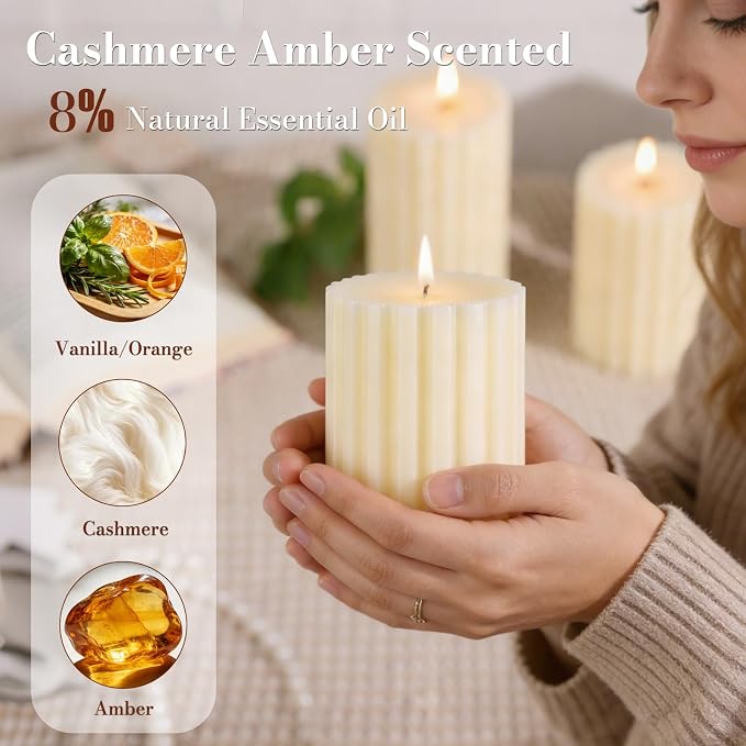 6 Pack Ribbed Ivory Pillar Candles, Cashmere Amber Scented Natural Soy Wax Candle, 532 H Long Burning Soy Candles, 2.8x4/6/8 inch Large Pillar Candles Gift Set for Home, Relaxation, Mantle