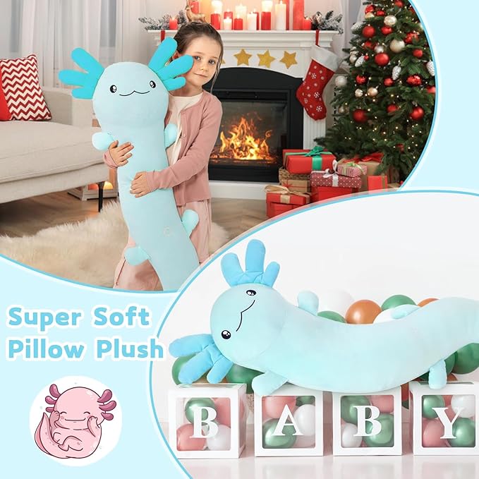 MaoGoLan Giant Axolotl Plush Body Pillow, Big Axolotl Stuffed Animal, XL Salamander Plush Pillow Toy for Kids, Glow in The Dark Salamander Plushies, Birthday Easter Gift, Baby Shower Decor, Blue