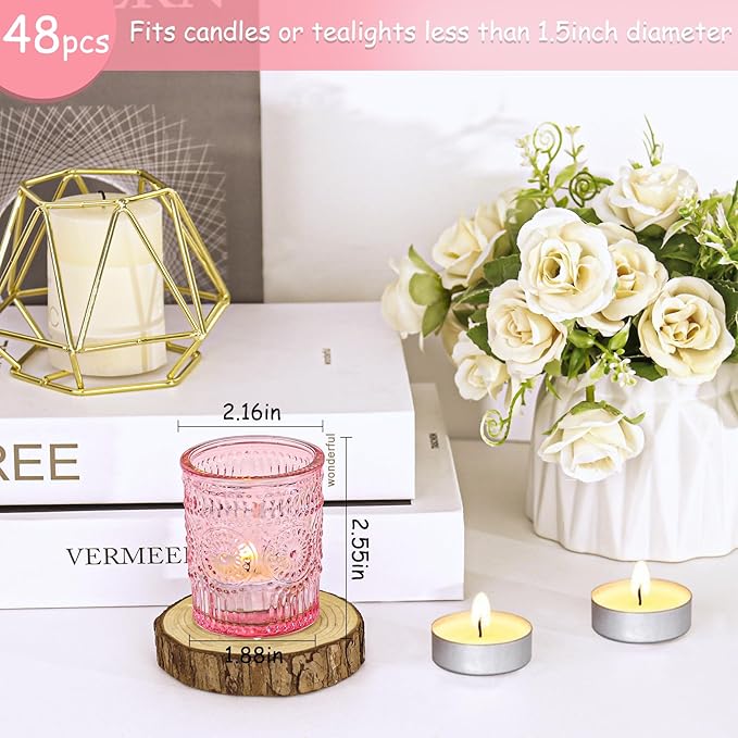 48 Pcs Pink Glass Votive Candle Holders, Tealight Candle Holders for Table Centerpieces, Vintage Candle Holder Bulk, Boho Wedding, Valentine's Day Table Decor (Pink)