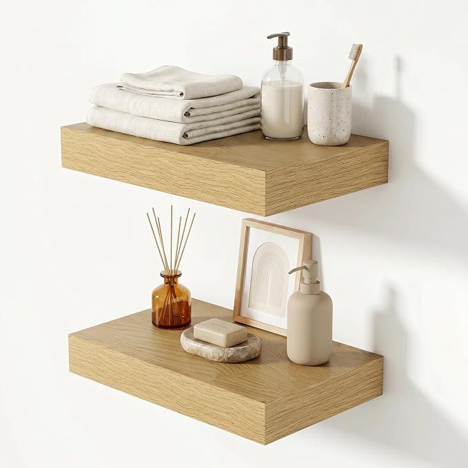 Heimlove 12 Inch Floating Shelves for Wall Oak Shelves Set of 2,Wall Mounted Rustic Wood 8 Inch Deep Floating Shelf with Invisible Brackets for Bedroom Kitchen Living Room