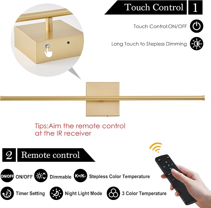 KARTOOSH Removable Battery Operated Wall Sconces with Remote Control, Stepless Colors 3000K-6000K & Dimming, 350°Rotate, LED Gold Wireless Wall Light for Living Room, Bedroom, 28.3 Inch (2 Pack)
