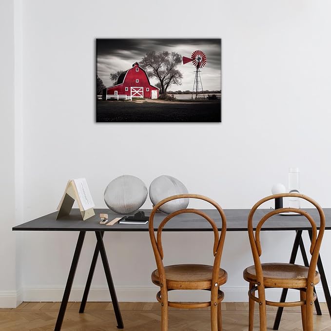 Red and Black Old Barn Wall Art Farmhouse Windmill Wall Decor Living Room Vintage Country Picture Canvas Prints Framed Farm Landscape Painting Modern Artwork Bedroom Kitchen Home Decorations 16x24”
