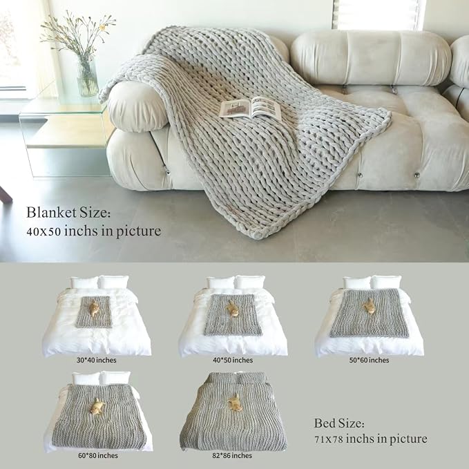 Maetoow Chenille Chunky Knit Blanket Throw （40×50 Inch）, Handmade Warm & Cozy Blanket Couch, Bed, Home Decor, Soft Breathable Fleece Banket, Christmas Thick and Giant Yarn Throws, Baby Blue