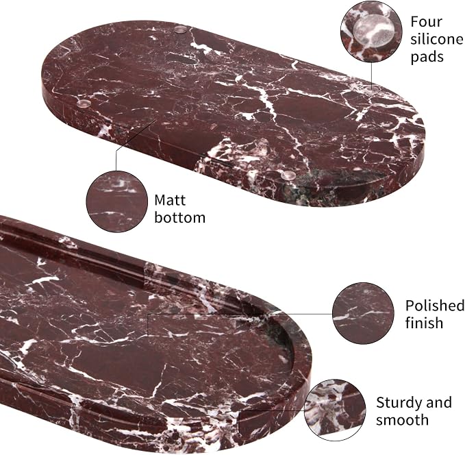Oval Marble Bathroom Vanity Tray, Natural Luxury Marble Home Kitchen Bathroom Table Tray, Stone Decorative Countertop Tray for Coffee Perfume Jewelry (Rosso Lepanto, 12" x 6" x 0.8")