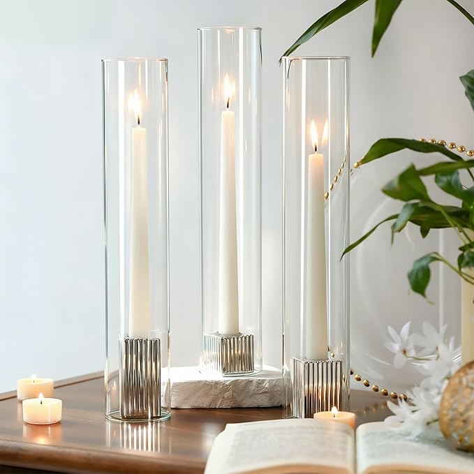 LETINE Hurricane Candle Holders with Silver Ribbed Taper Candle Holders Set of 3(14")– Bulk Windproof Taper Candle Hurricane Glass for Outdoor&Indoors Wedding Centerpiece, Event & Home Decor