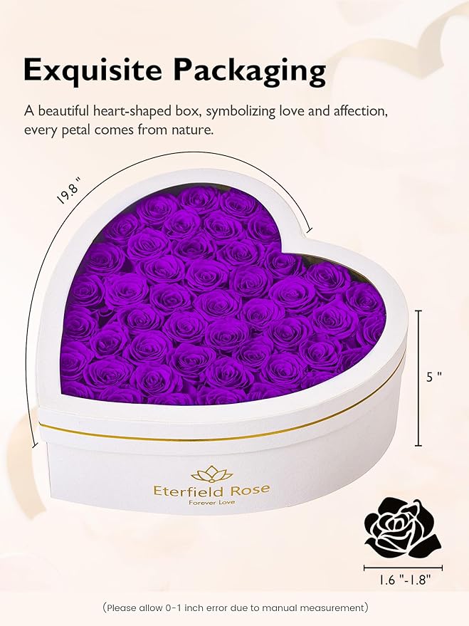 Eterfield 47 Forever Flowers in Heart Shape Box, Preserved Roses That Last a Year Preserved Flowers Birthday Gifts for Her Mom Women Wife Anniversary Valentines Day Mothers Day Christmas, Purple
