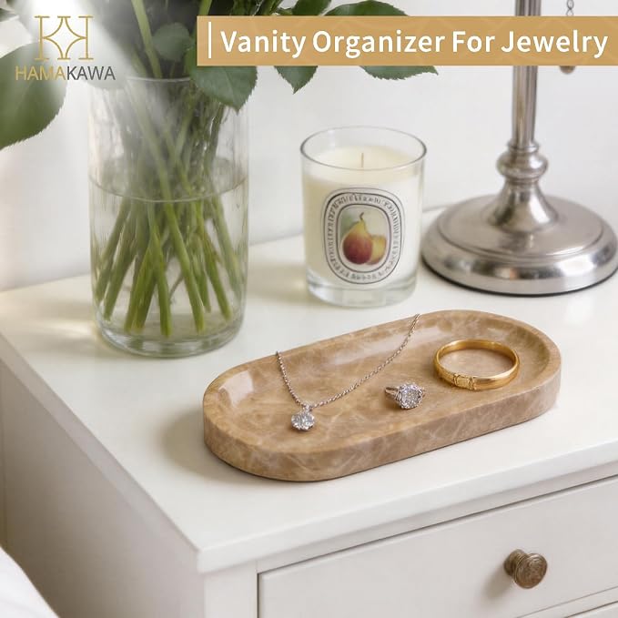 Bathroom Vanity Tray, Natural Marble Oval Tray 10 inch, Emperador Light Marble Vanity Tray for Soap Dispenser Modern Countertop Organizer for Kitchen Countertops, Home Decor