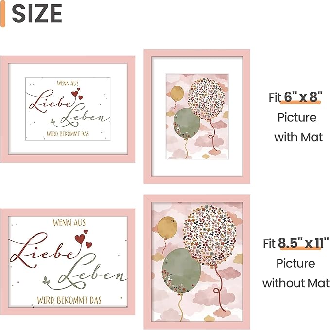 upsimples 8.5 By 11 Picture Frame, Display Pictures 6x8 with Mat or 8.5 x 11 Without, Wall Hanging Photo Frames, Pink, 1 Pack