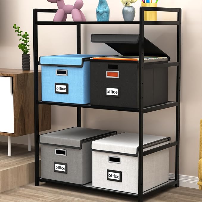 File Organizer Box with Lid, Collapsible Faux Leather Hanging File Folder Box Organizer with Plastic Slides, Decorative Home/Office Filing System Boxes for File and Folders Storage