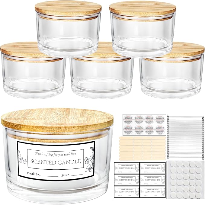 CONNOO 24oz Clear Glass Candle Jars 6 Pack, Multi-Wick Wide Mouth Empty Bulk Candle Containers for Making Candles with Airtight Bamboo Lids, Sticky Warning Labels, Wick kit- Dishwasher Safe