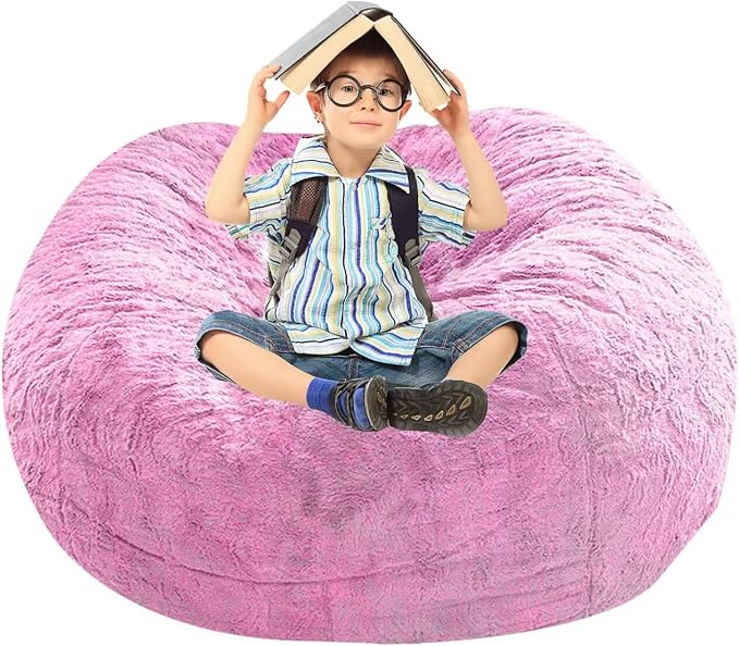 BCU Bean Bag Cover Comfy Beanbag Chair for Adults Without Filler Faux Fur Lazy Sofa Cover for Living Room Chairs, Pink, 3.5FT